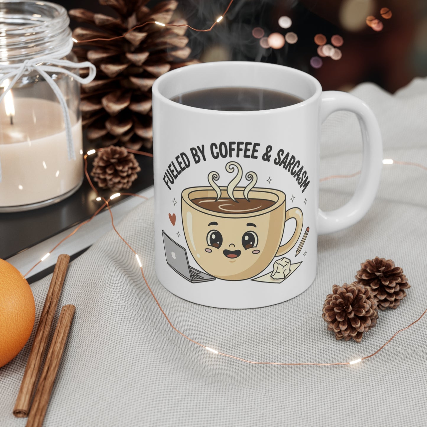Coffee Mug — "Fueled by Coffee & Sarcasm" Cute Kawaii Office Mug (11oz)