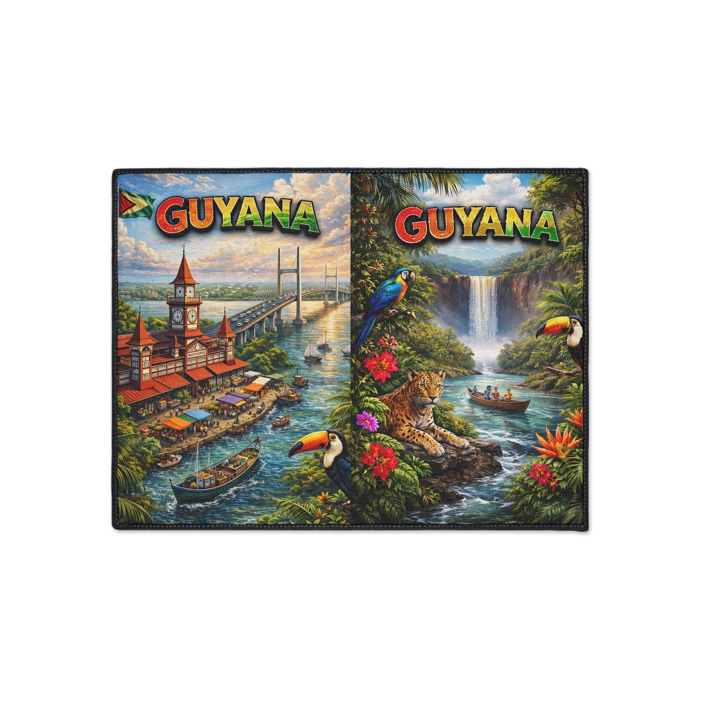 Guyana Scenic Heavy Duty Floor Mat – Tropical Waterfall, Toucan & Waterfront Welcome Rug