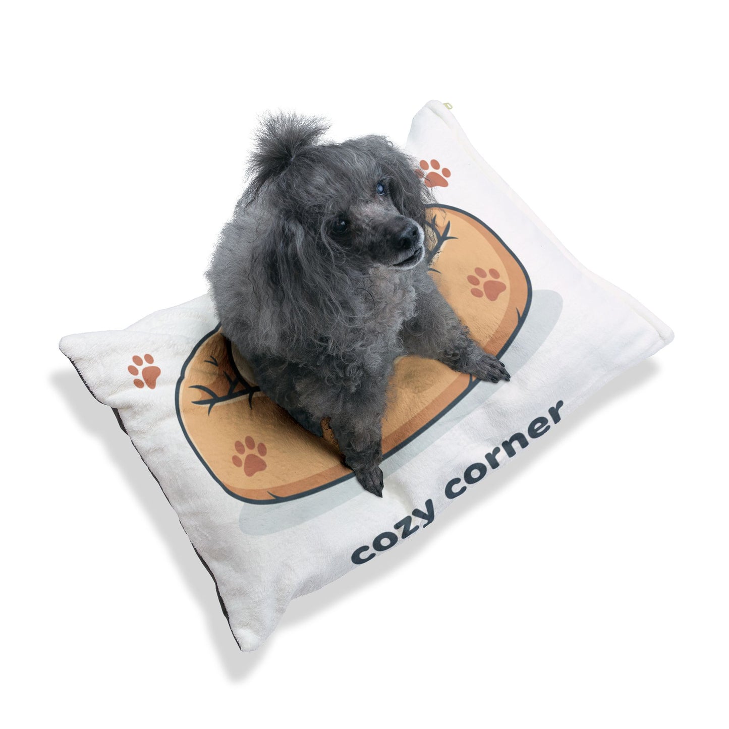 Cozy Corner Pet Bed — Soft Plush Dog & Cat Cushion with Sleeping Pup Graphic