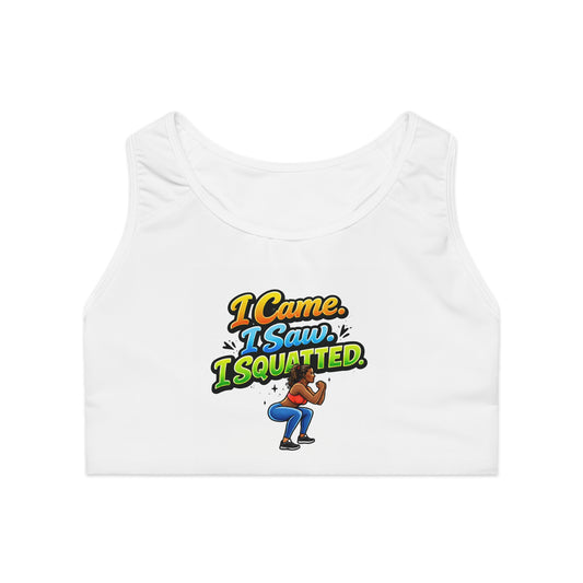 I Came I Saw I Squatted Sports Bra — Funny Workout Crop for Gym & Fitness Lovers