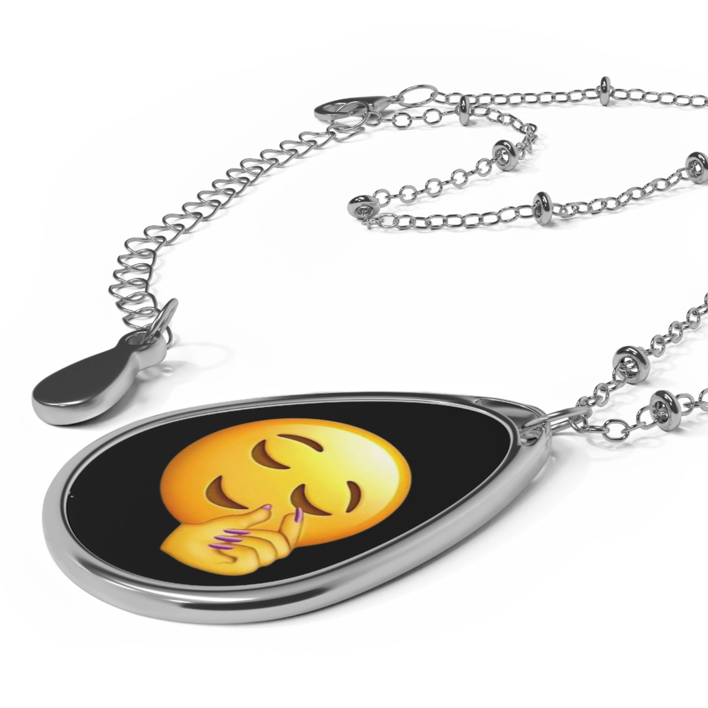 Oval Pendant Necklace — Relaxed Face Emoji Teardrop Locket