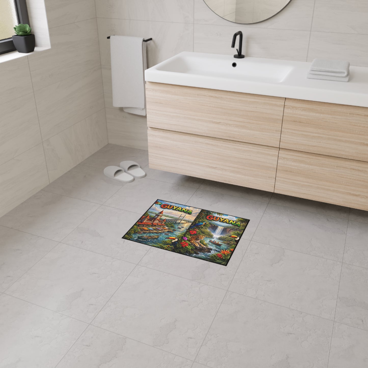 Guyana Scenic Heavy Duty Floor Mat – Tropical Waterfall, Toucan & Waterfront Welcome Rug