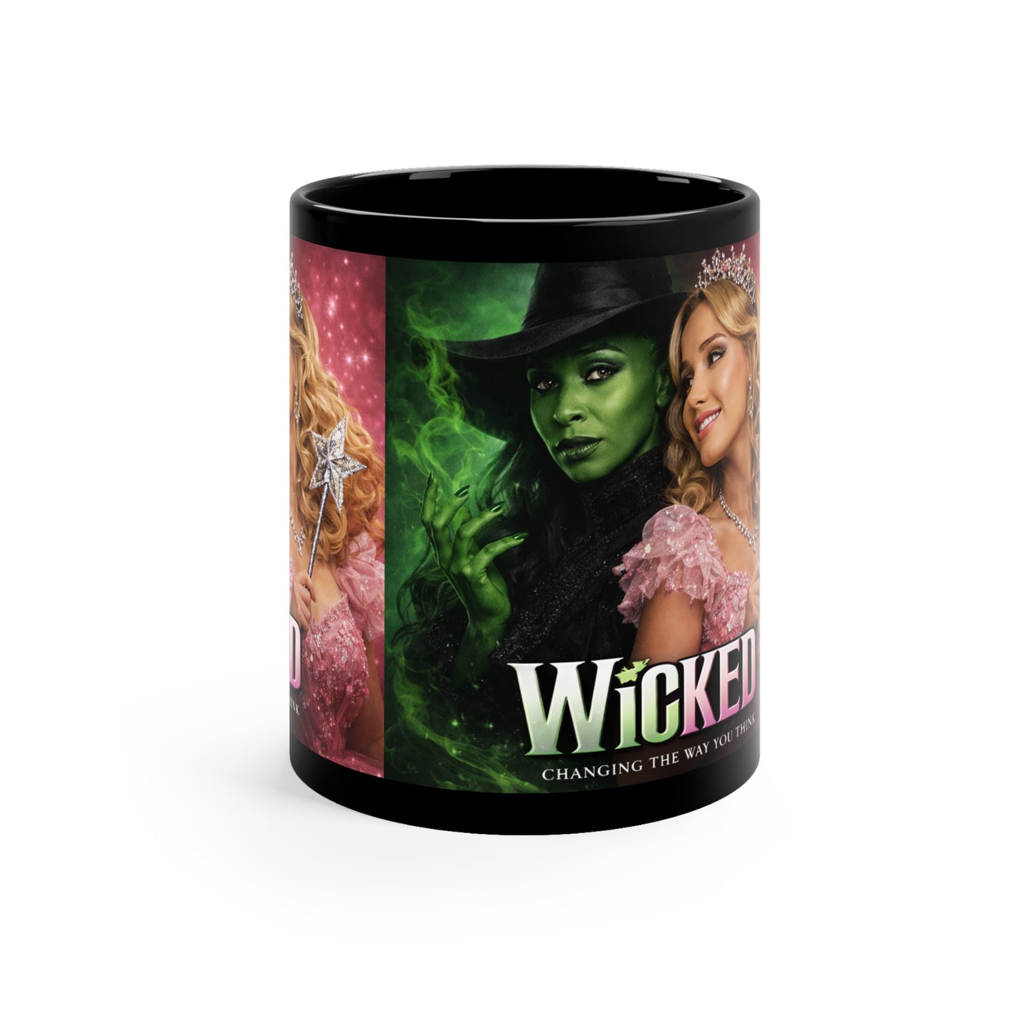 🩷💚Wicked Musical Black Coffee Mug – Elphaba & Glinda Cast Art, 11oz