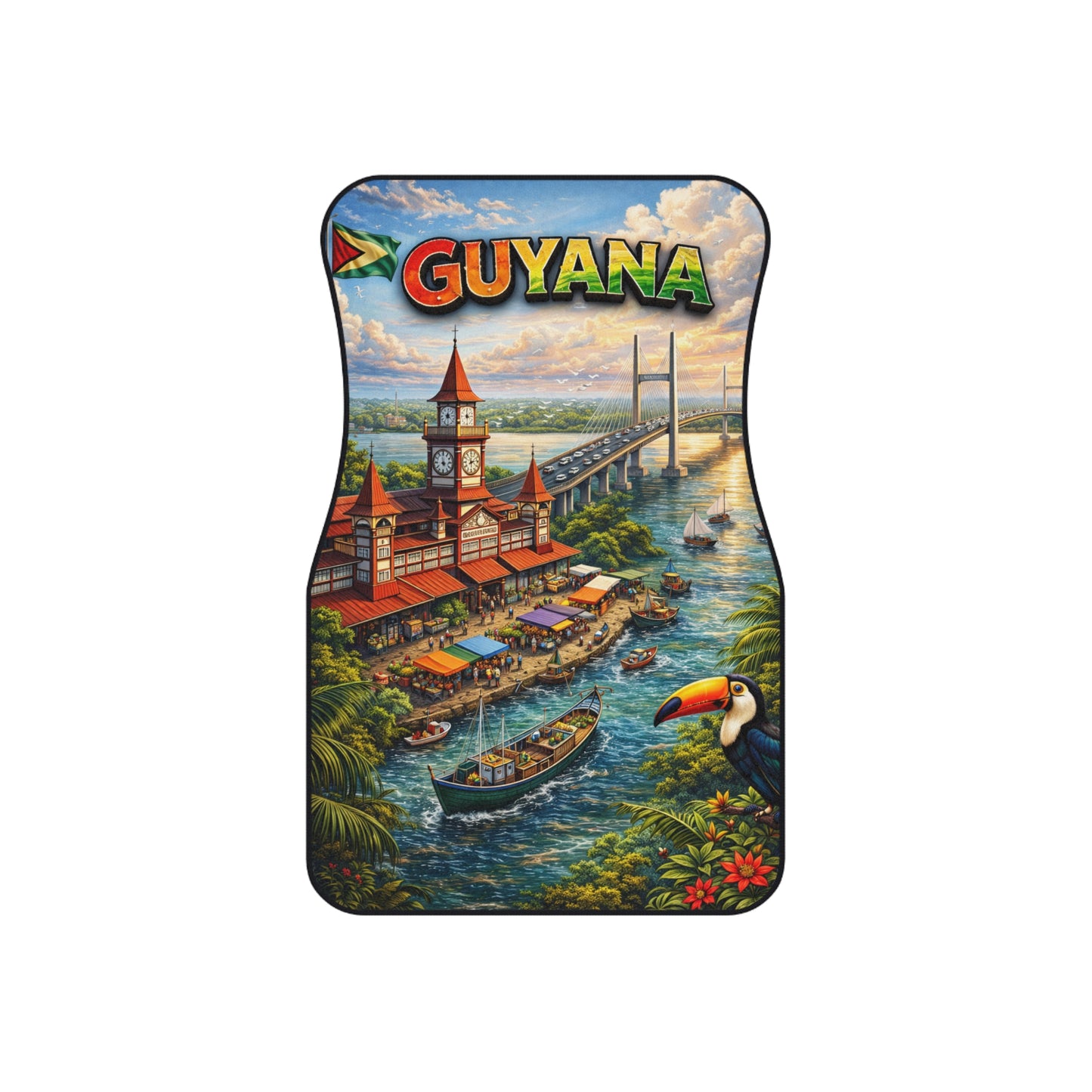 Guyana Scenic Car Mats — Colorful Front Floor Mats with Bridge, Market & Toucan Design