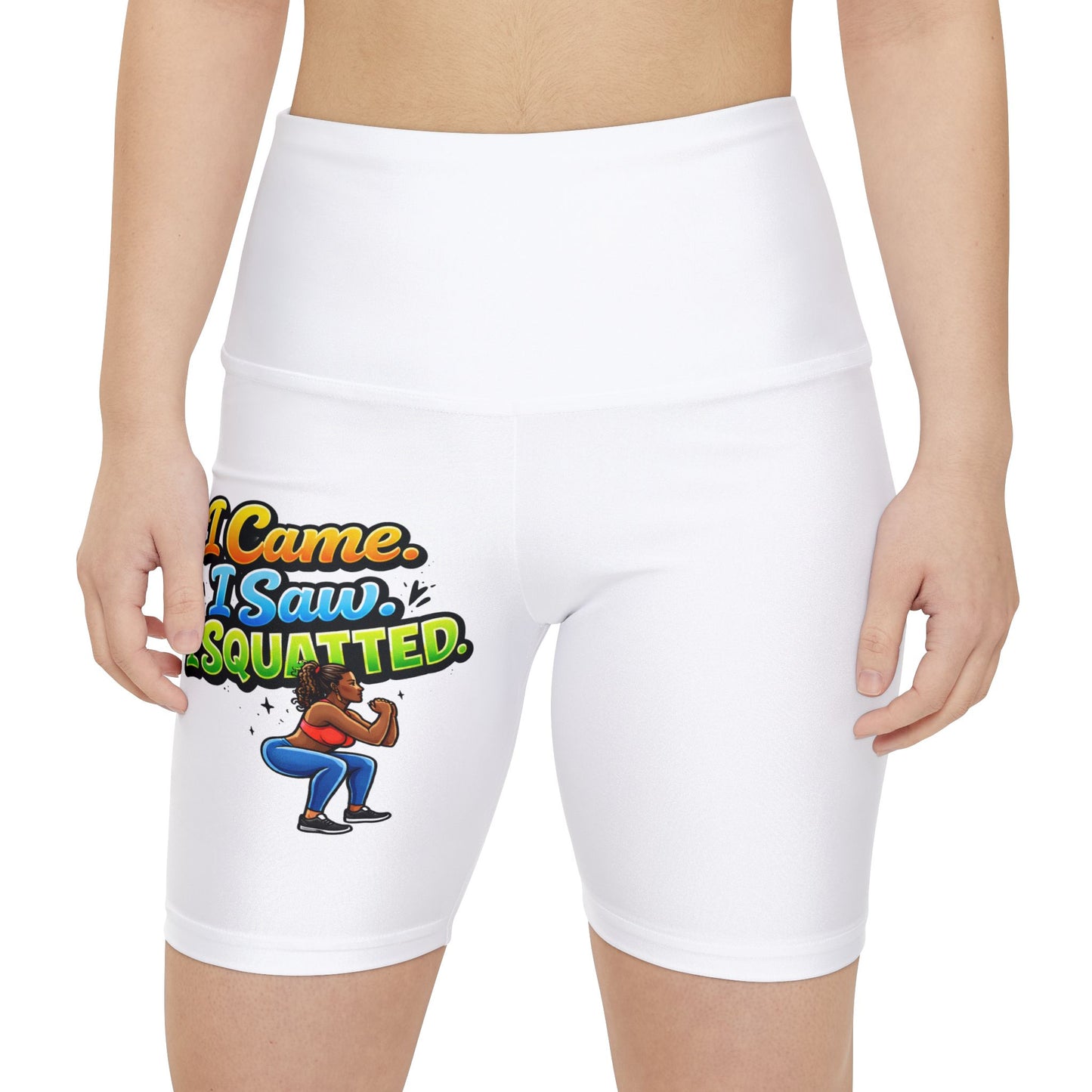 I Came I Saw I Squatted Workout Shorts — Women's Fitness Biker Shorts with Funny Squat Graphic