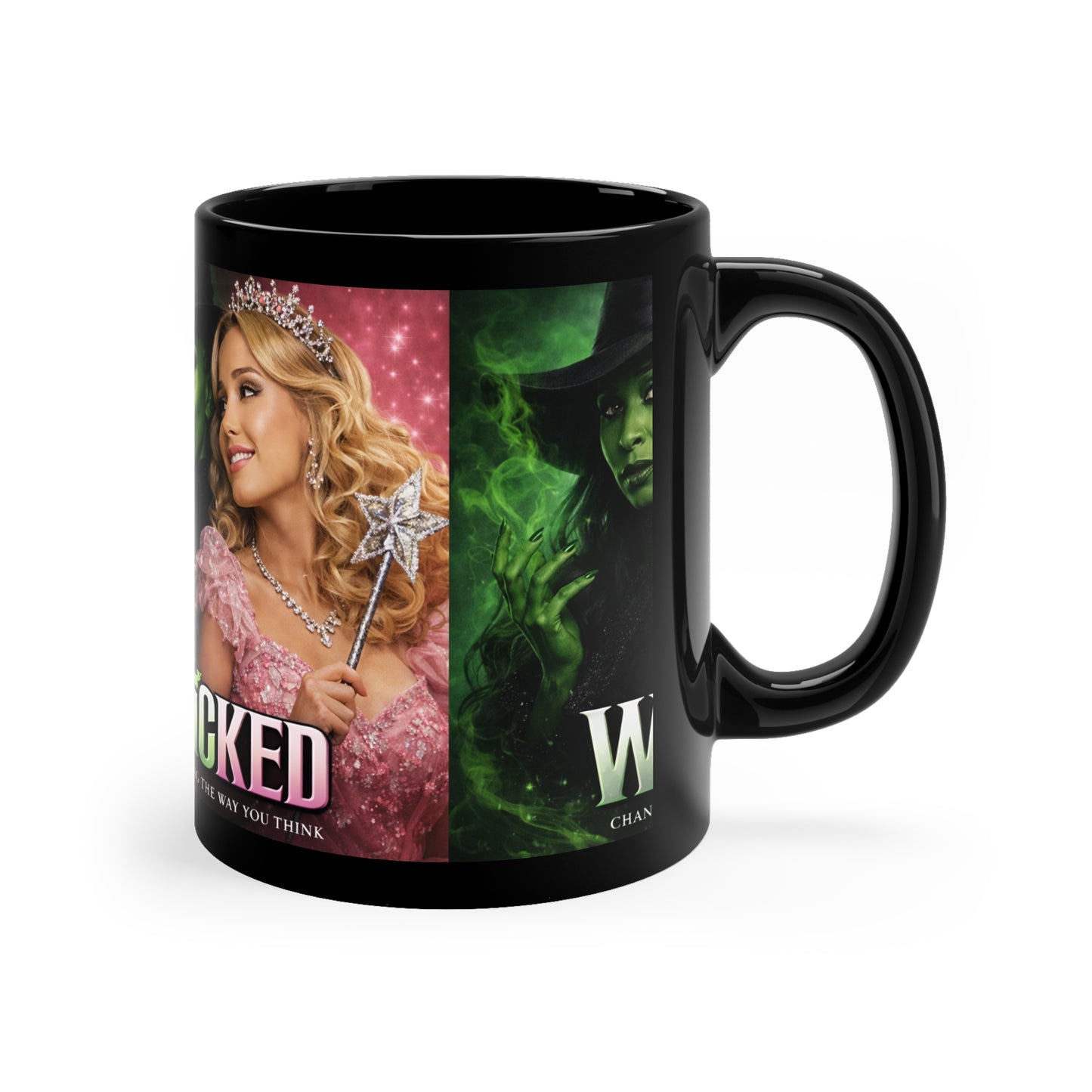 🩷💚Wicked Musical Black Coffee Mug – Elphaba & Glinda Cast Art, 11oz