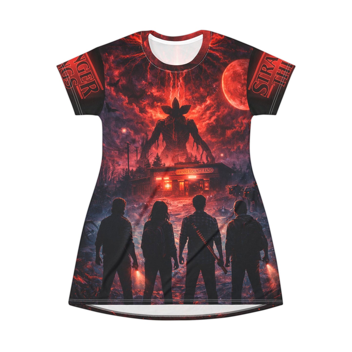 Stranger Things All-Over-Print T-Shirt Dress — Retro 80s Horror Silhouette Design