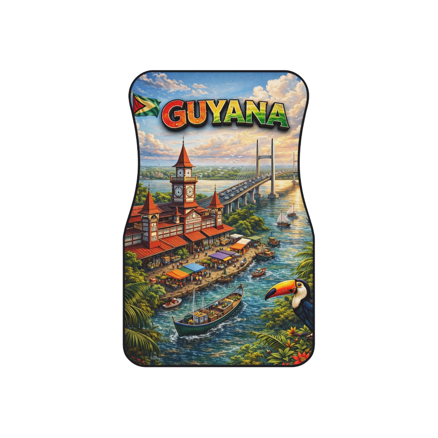 Guyana Scenic Car Mats — Colorful Front Floor Mats with Bridge, Market & Toucan Design