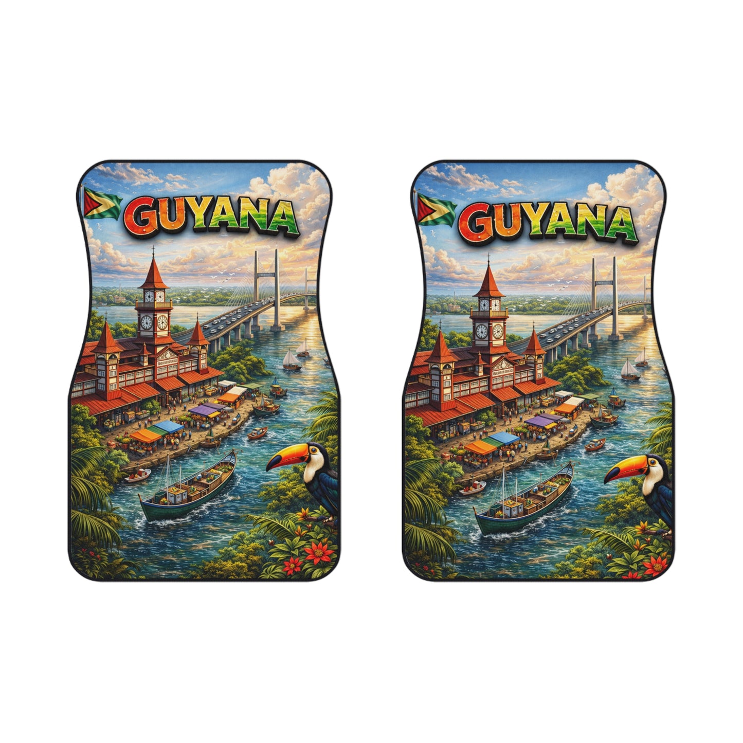 Guyana Scenic Car Mats — Colorful Front Floor Mats with Bridge, Market & Toucan Design