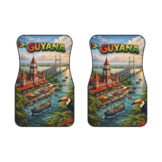 Guyana Scenic Car Mats — Colorful Front Floor Mats with Bridge, Market & Toucan Design