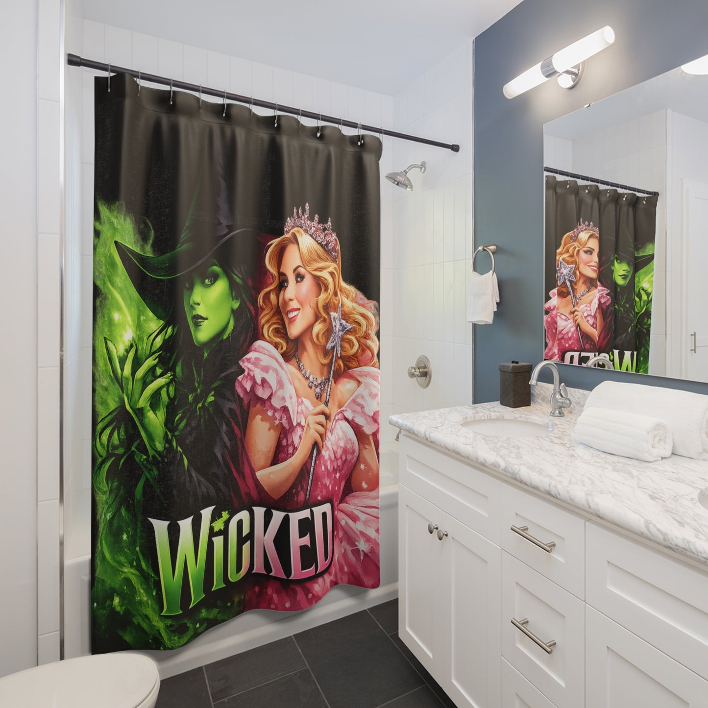 Wicked Musical Shower Curtain — Green Witch & Glinda Bathroom Decor