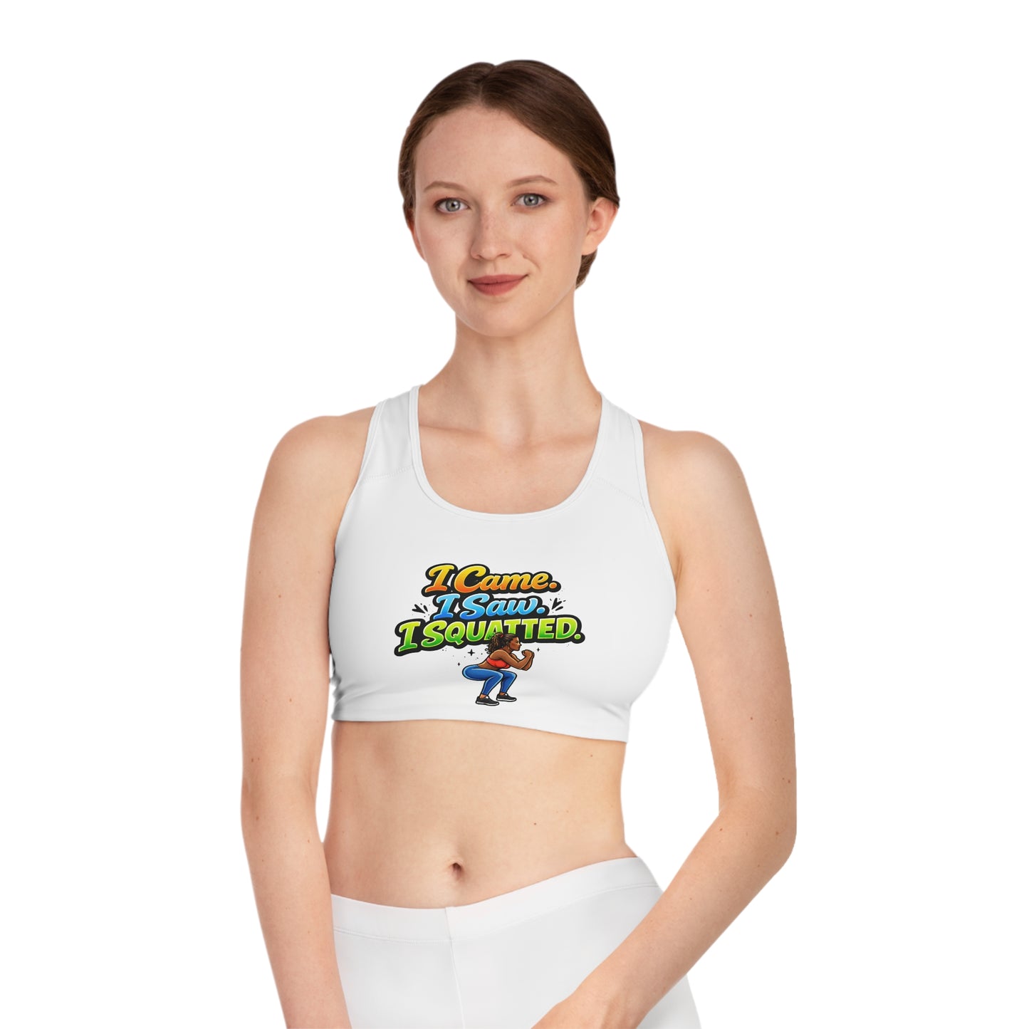 I Came I Saw I Squatted Sports Bra — Funny Workout Crop for Gym & Fitness Lovers