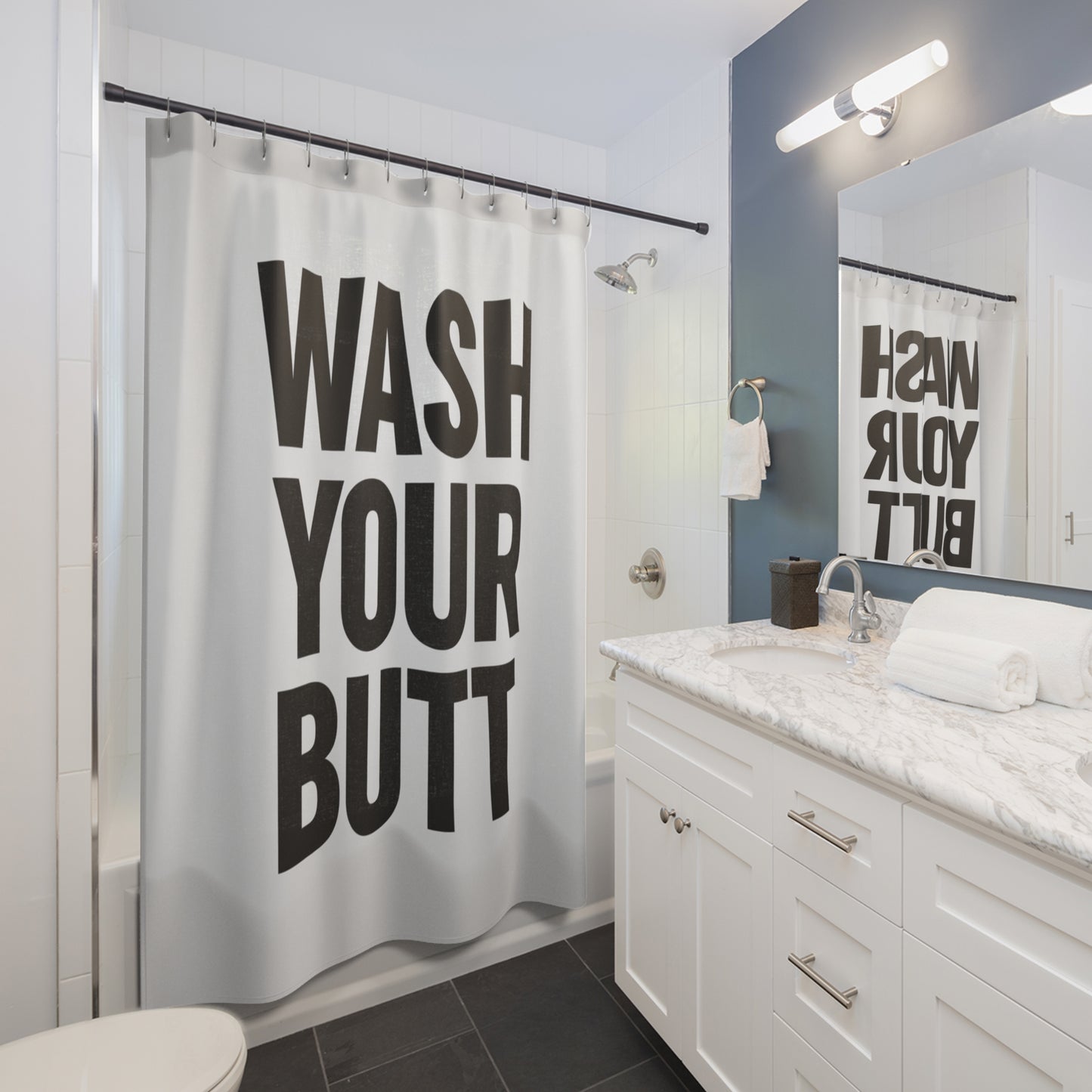 Bold 'WASH YOUR BUTT' Shower Curtain – Funny Bathroom Decor, Humorous Hygiene Reminder