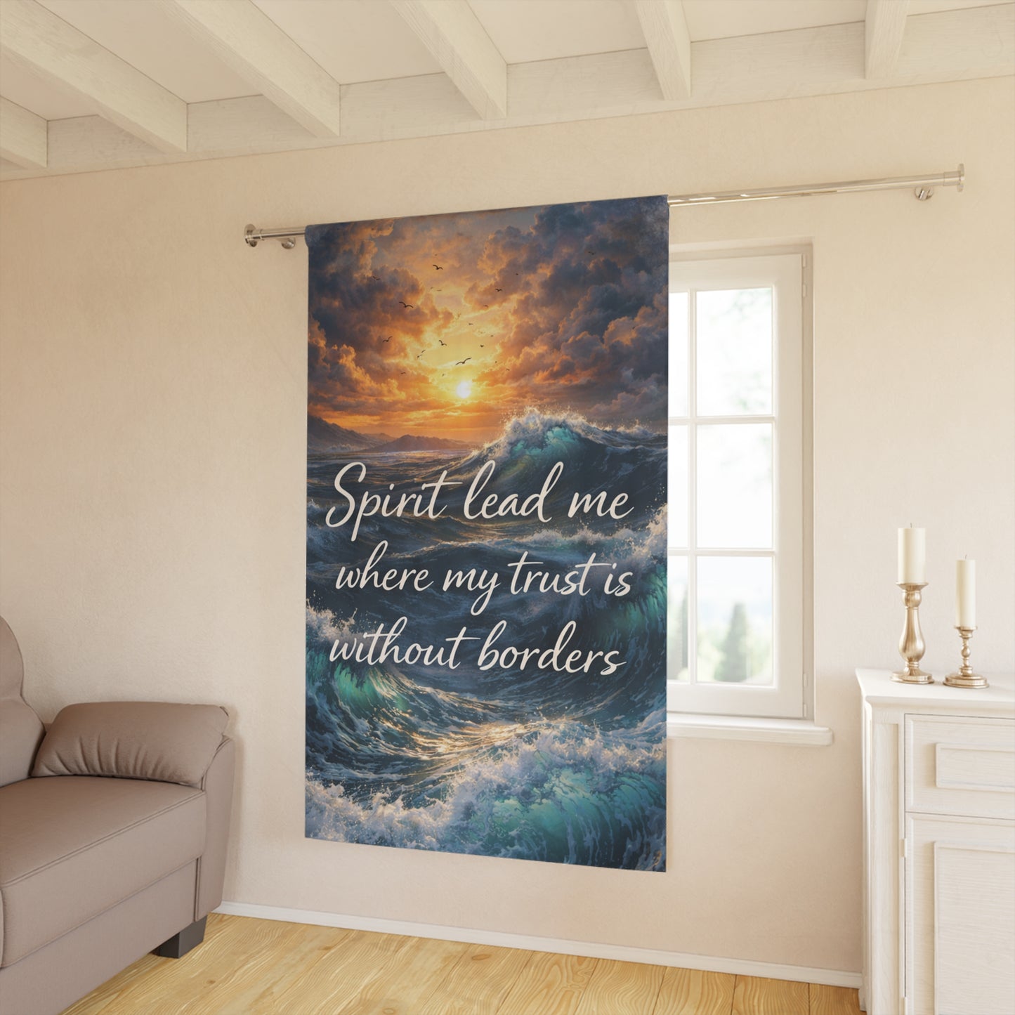 Inspirational Ocean Curtain — "Spirit Lead Me Where My Trust Is Without Borders"