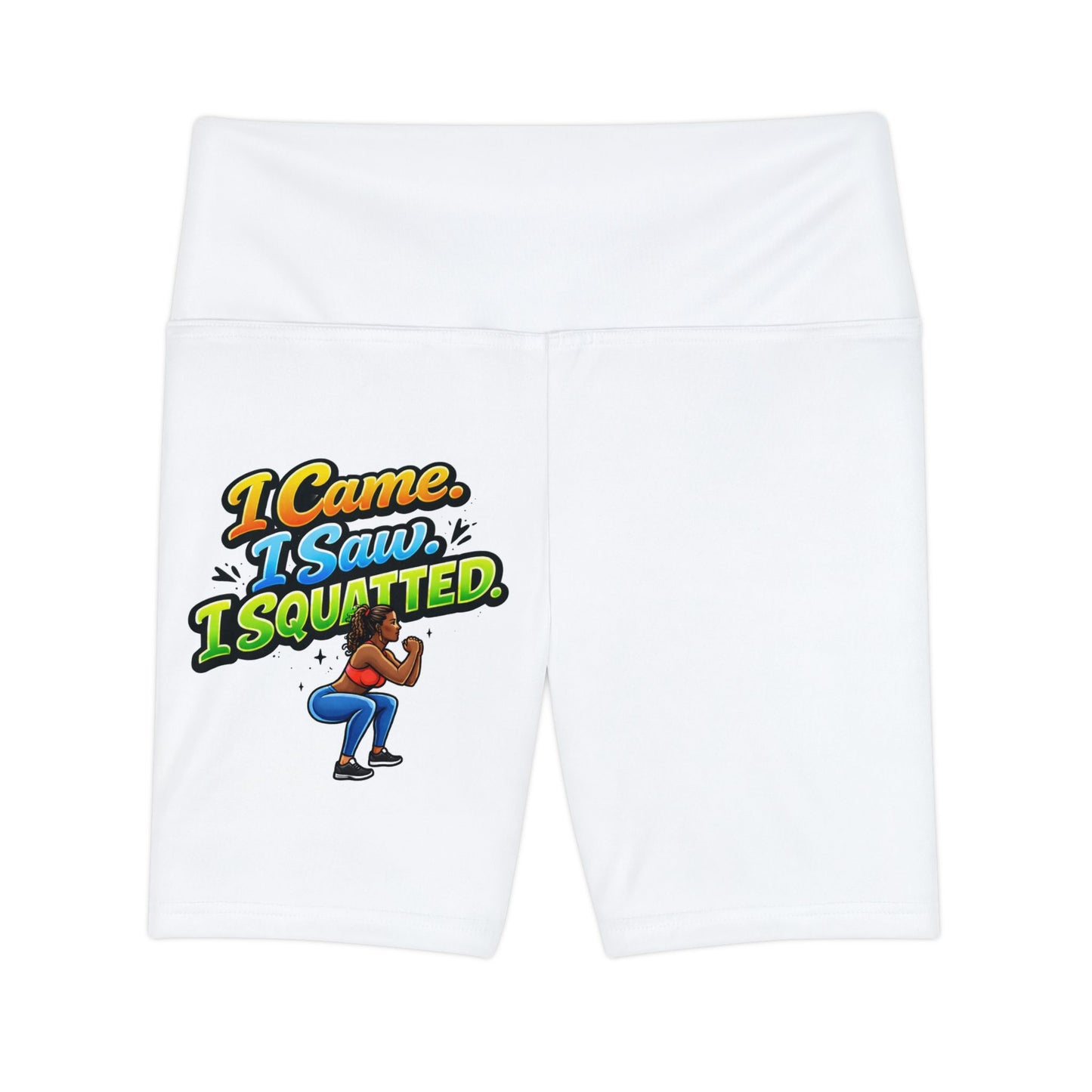 I Came I Saw I Squatted Workout Shorts — Women's Fitness Biker Shorts with Funny Squat Graphic