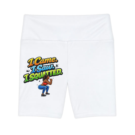 I Came I Saw I Squatted Workout Shorts — Women's Fitness Biker Shorts with Funny Squat Graphic