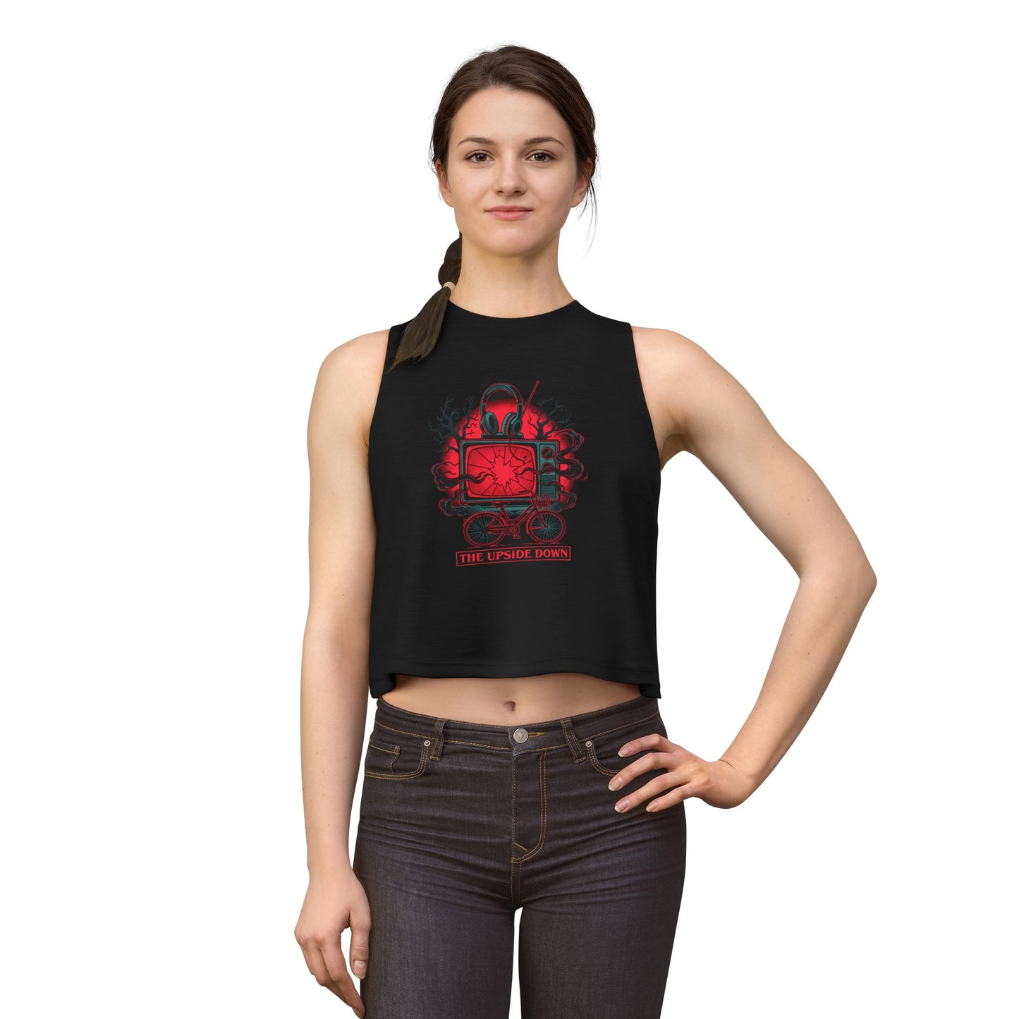 Women's Crop Top — Red Retro TV Bicycle Graphic "The Upside Down" Tank