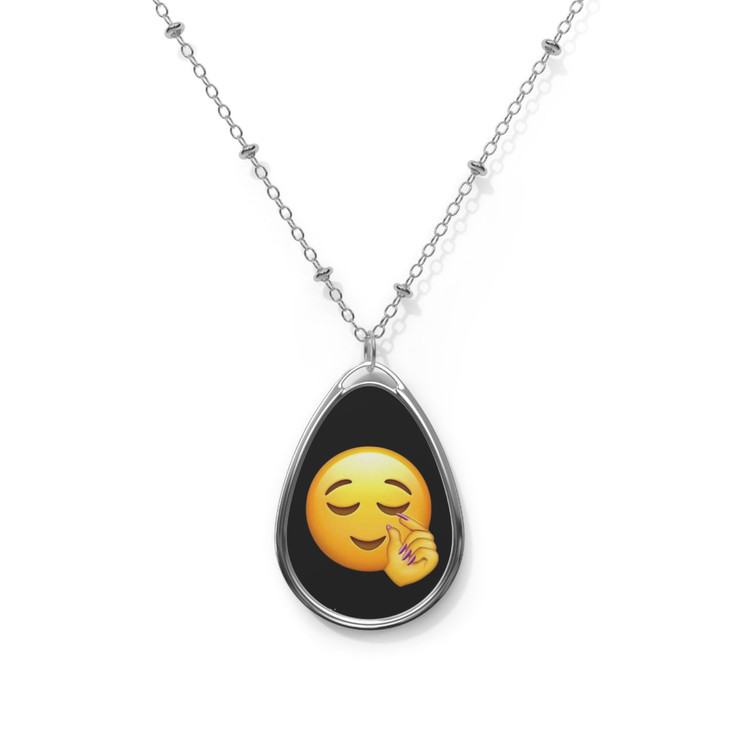 Oval Pendant Necklace — Relaxed Face Emoji Teardrop Locket