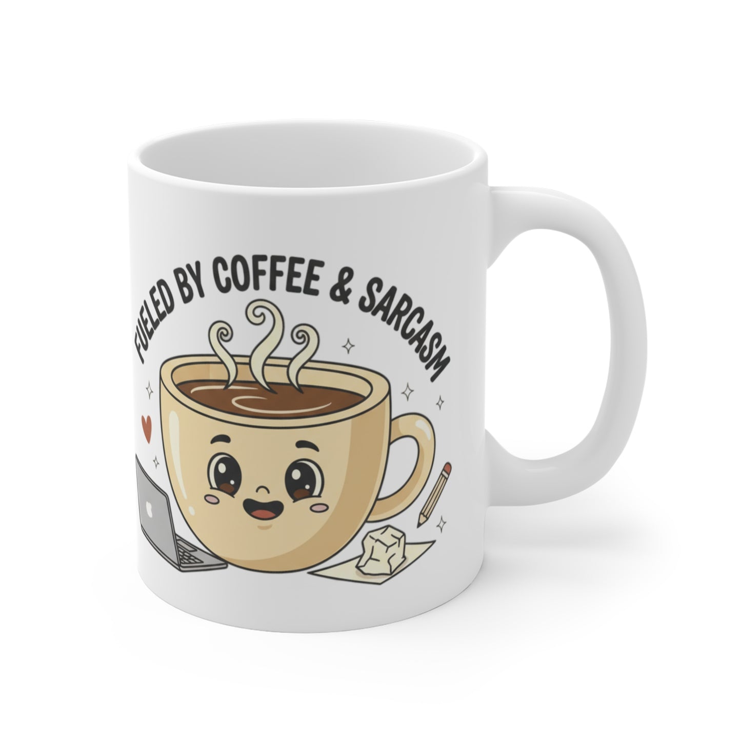 Coffee Mug — "Fueled by Coffee & Sarcasm" Cute Kawaii Office Mug (11oz)