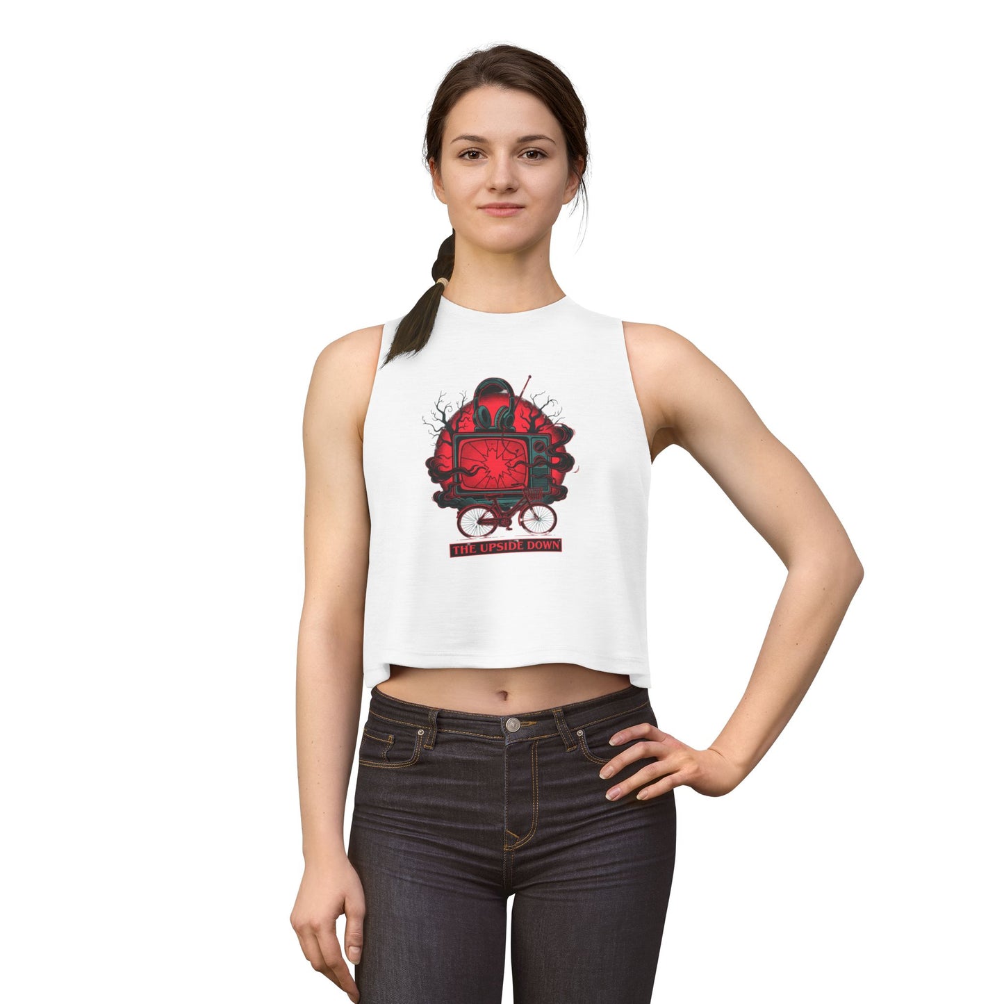 Women's Crop Top — Red Retro TV Bicycle Graphic "The Upside Down" Tank