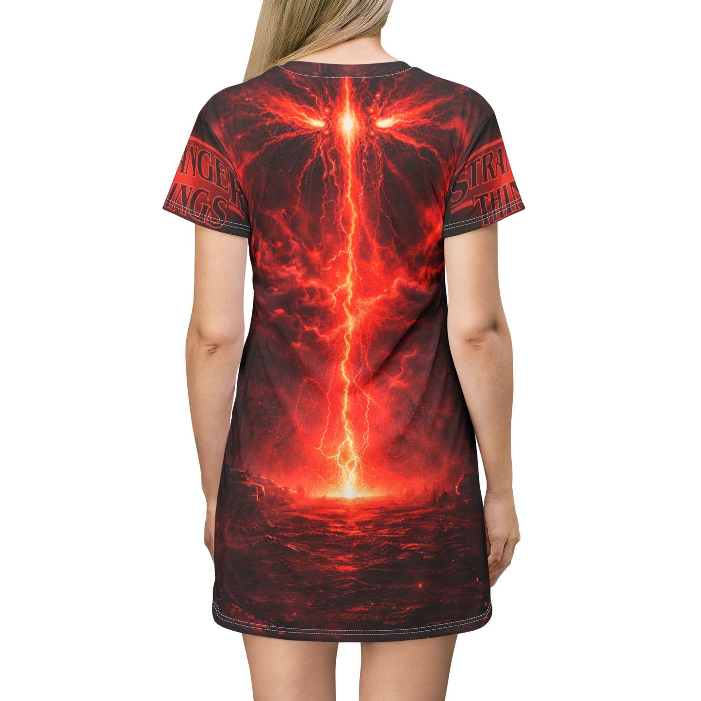 Stranger Things All-Over-Print T-Shirt Dress — Retro 80s Horror Silhouette Design