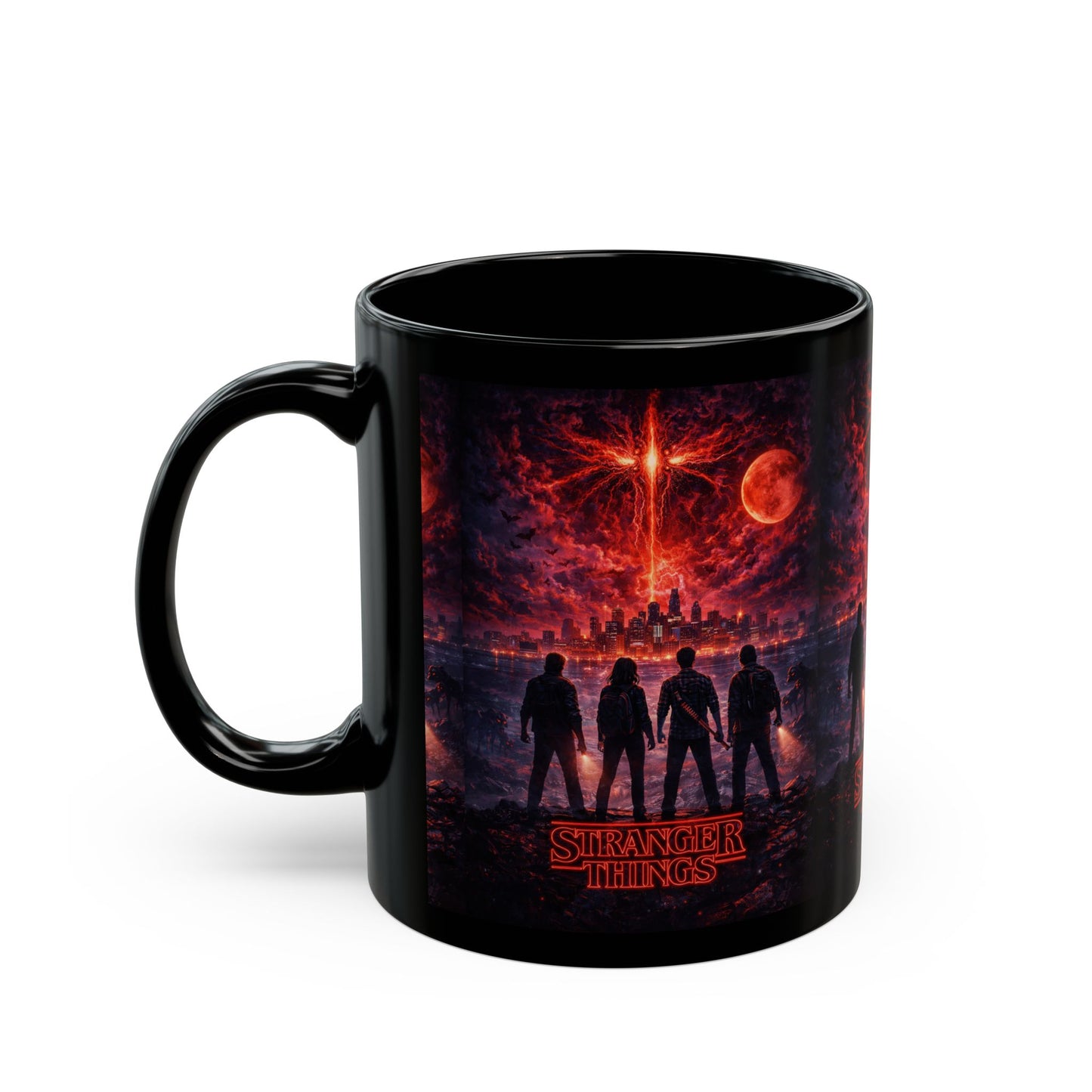 Stranger Things Black Mug – Retro Upside Down Red Poster Coffee Cup (11oz/15oz)