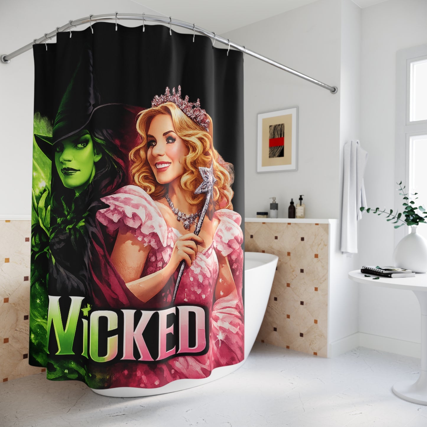 Wicked Musical Shower Curtain — Green Witch & Glinda Bathroom Decor