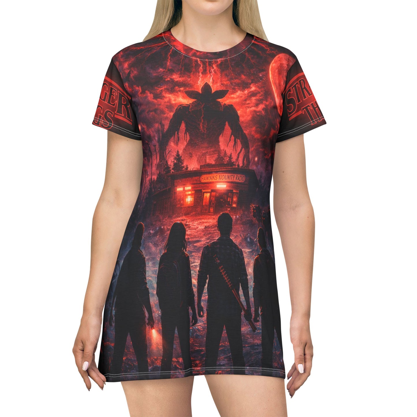 Stranger Things All-Over-Print T-Shirt Dress — Retro 80s Horror Silhouette Design