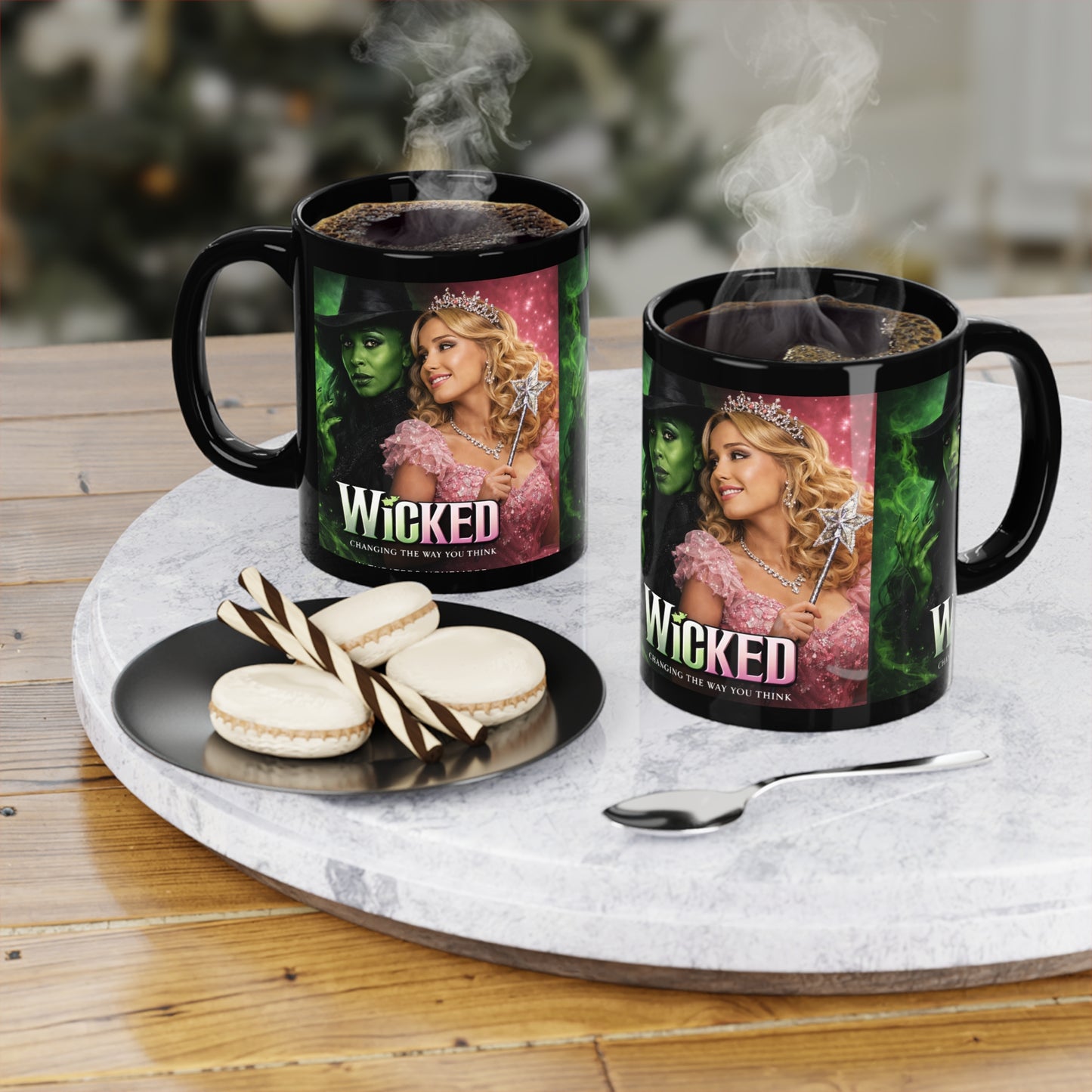 🩷💚Wicked Musical Black Coffee Mug – Elphaba & Glinda Cast Art, 11oz