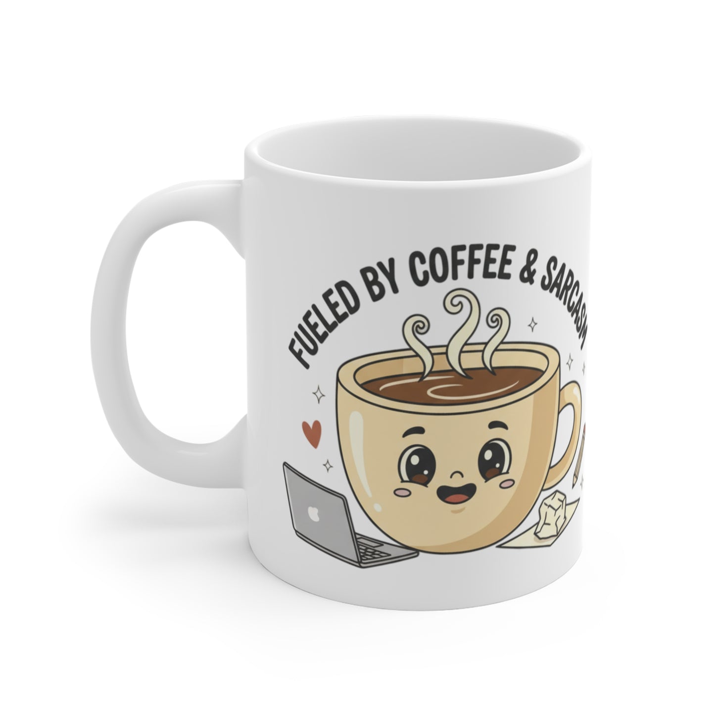 Coffee Mug — "Fueled by Coffee & Sarcasm" Cute Kawaii Office Mug (11oz)