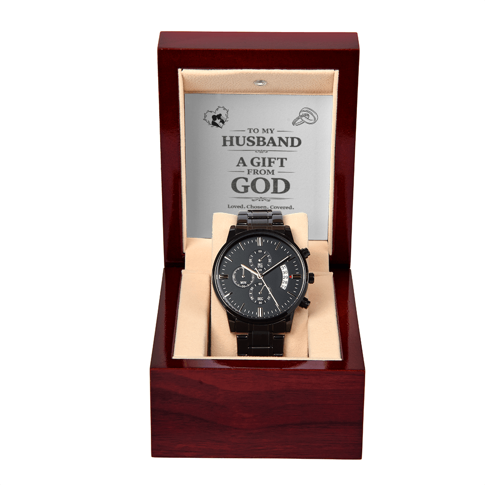 Gift For Husband- Black Chronograph Watch with special message
