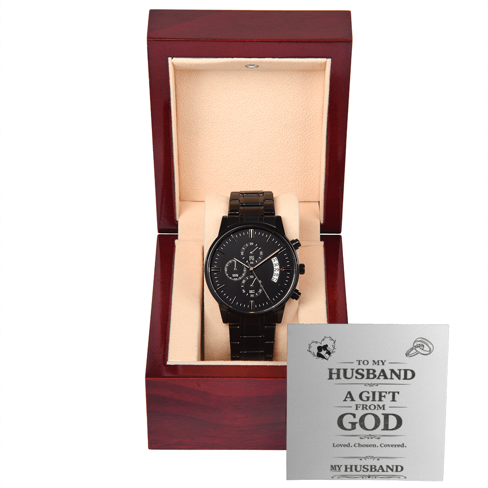 Gift For Husband- Black Chronograph Watch with special message