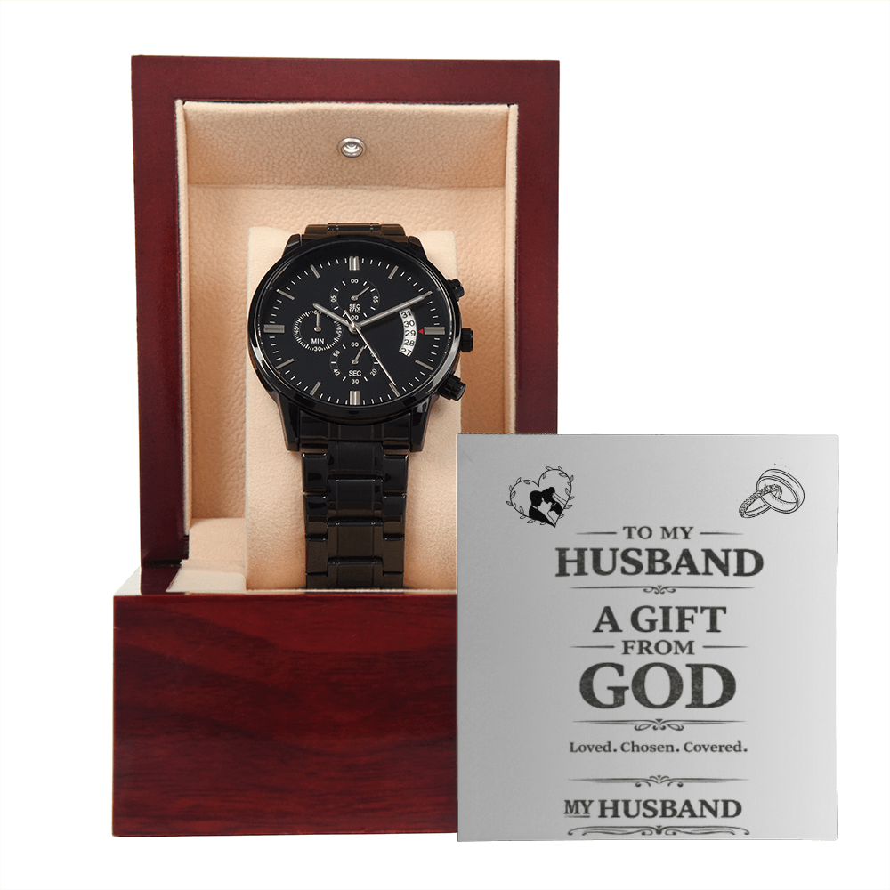 Gift For Husband- Black Chronograph Watch with special message