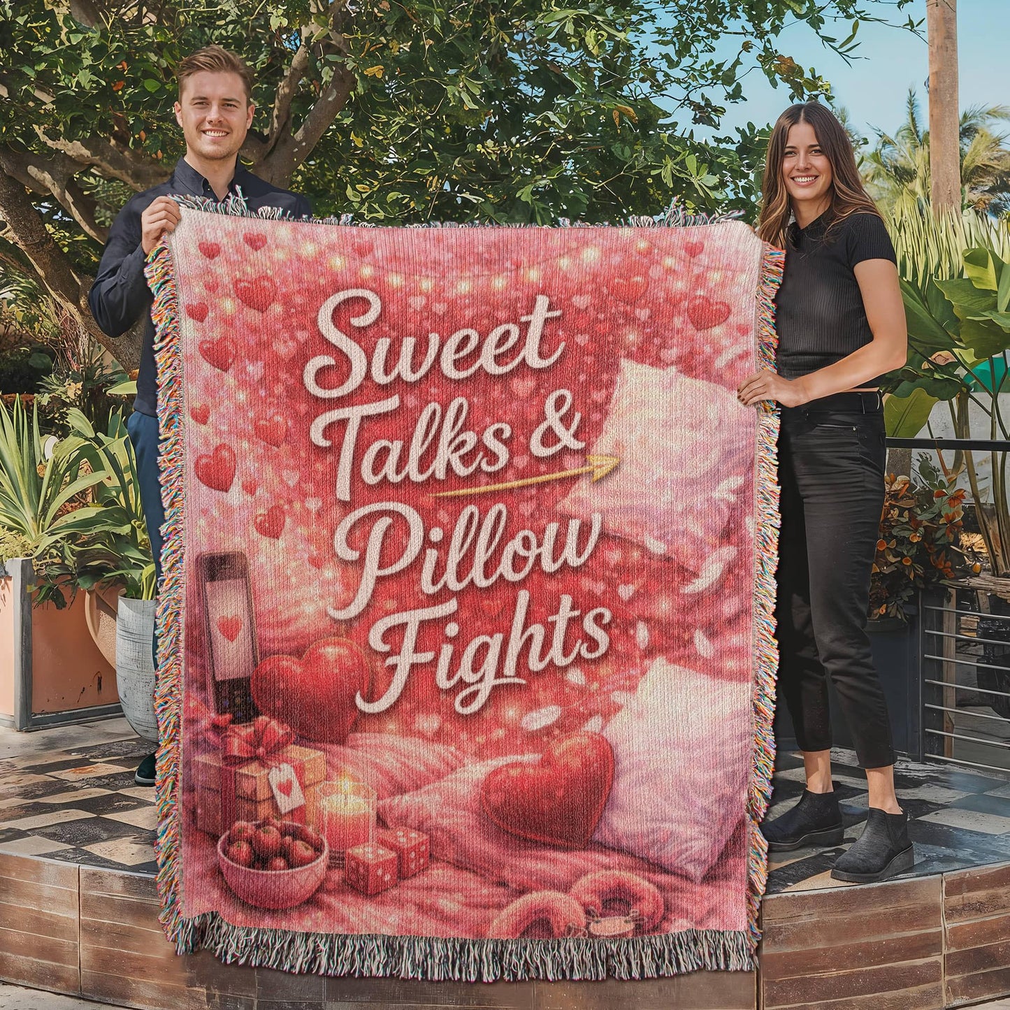 Sweet Talks & Pillow Fights Woven Blanket – Cozy Romantic Cotton Throw