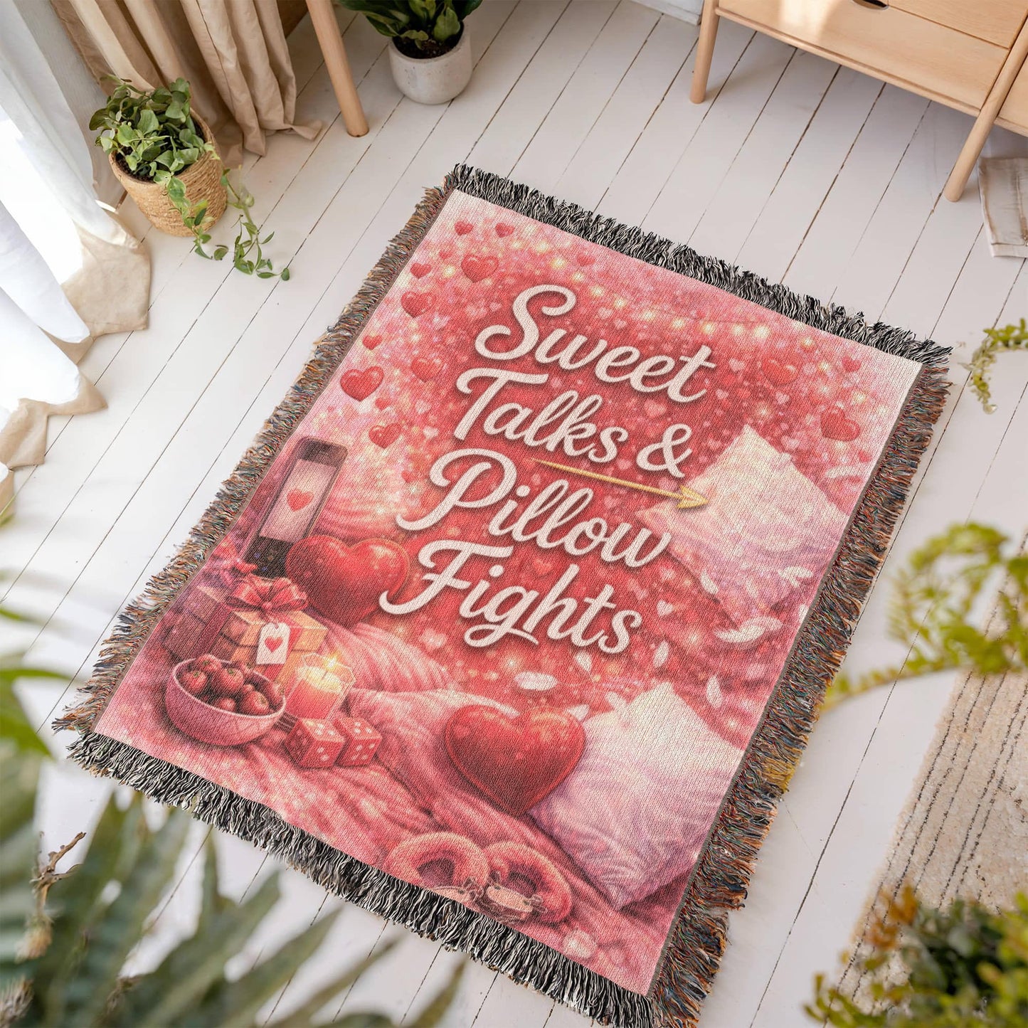Sweet Talks & Pillow Fights Woven Blanket – Cozy Romantic Cotton Throw